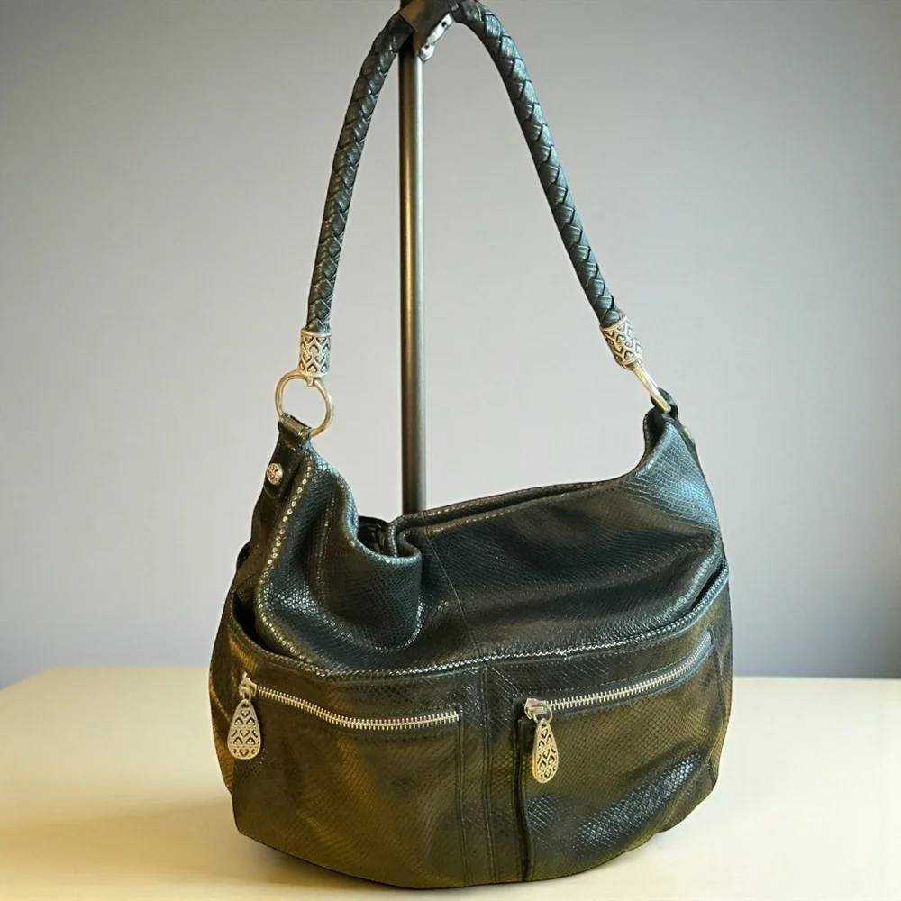 Brighton Black Leather Hobo Bag Snakeskin Embossed Silver Heart